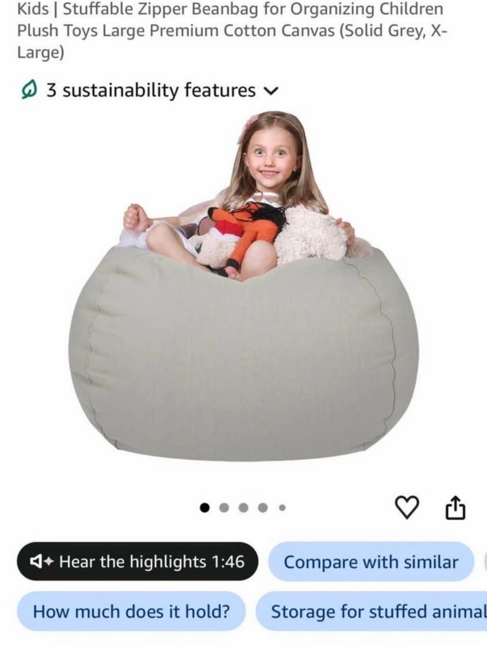 Kids Stuffable Zipper Beanbag Toy Storage - Light Grey